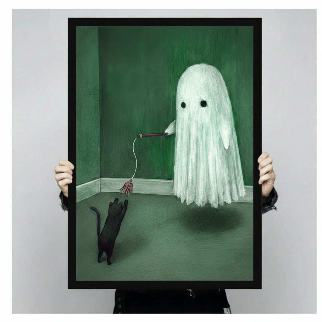 Person holding large framed surreal whimsical oil painting round draped white ghost with two dark hollow eyes hovering in a moody dark green corner room dangling a cat feather wand downward as a curious black cat rears up on hind legs pawing at the hanging tassel casting a soft shadow on the green floor canvas print with both hands against light grey background - close up size reference of funny ghost playing black cat green wall art with black frame finish