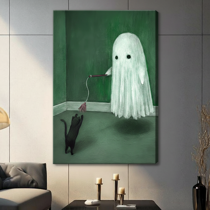 Unframed surreal whimsical oil painting round draped white ghost with two dark hollow eyes hovering in a moody dark green corner room dangling a cat feather wand downward as a curious black cat rears up on hind legs pawing at the hanging tassel casting a soft shadow on the green floor canvas print on dark grey tile wall in contemporary living room with charcoal sofa and tall pillar candles - whimsical ghost playing black cat green wall art for modern interior decor