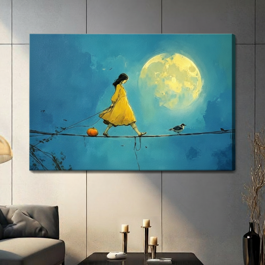 Stretched canvas wall art of a dreamy yellow-dressed girl balancing on a wire with an orange pumpkin tied to a string and a small bird perched ahead, all bathed in the glow of an enormous full moon against a moody deep blue-green brushstroke background, hung on a gray tile wall beside a modern charcoal sofa with candlestick decor