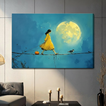 Stretched canvas wall art of a dreamy yellow-dressed girl balancing on a wire with an orange pumpkin tied to a string and a small bird perched ahead, all bathed in the glow of an enormous full moon against a moody deep blue-green brushstroke background, hung on a gray tile wall beside a modern charcoal sofa with candlestick decor
