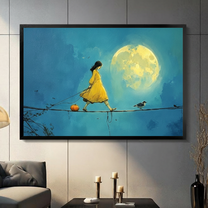 Black framed surreal storybook girl in yellow dress walking a tightrope canvas art with a dark-haired girl pulling an orange pumpkin on a string beside a small black and white bird beneath a glowing full moon on a deep teal oil-painted background, displayed on a gray tile wall above a console table with pillar candlesticks beside a charcoal sofa