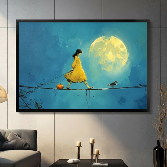 Black framed surreal storybook girl in yellow dress walking a tightrope canvas art with a dark-haired girl pulling an orange pumpkin on a string beside a small black and white bird beneath a glowing full moon on a deep teal oil-painted background, displayed on a gray tile wall above a console table with pillar candlesticks beside a charcoal sofa