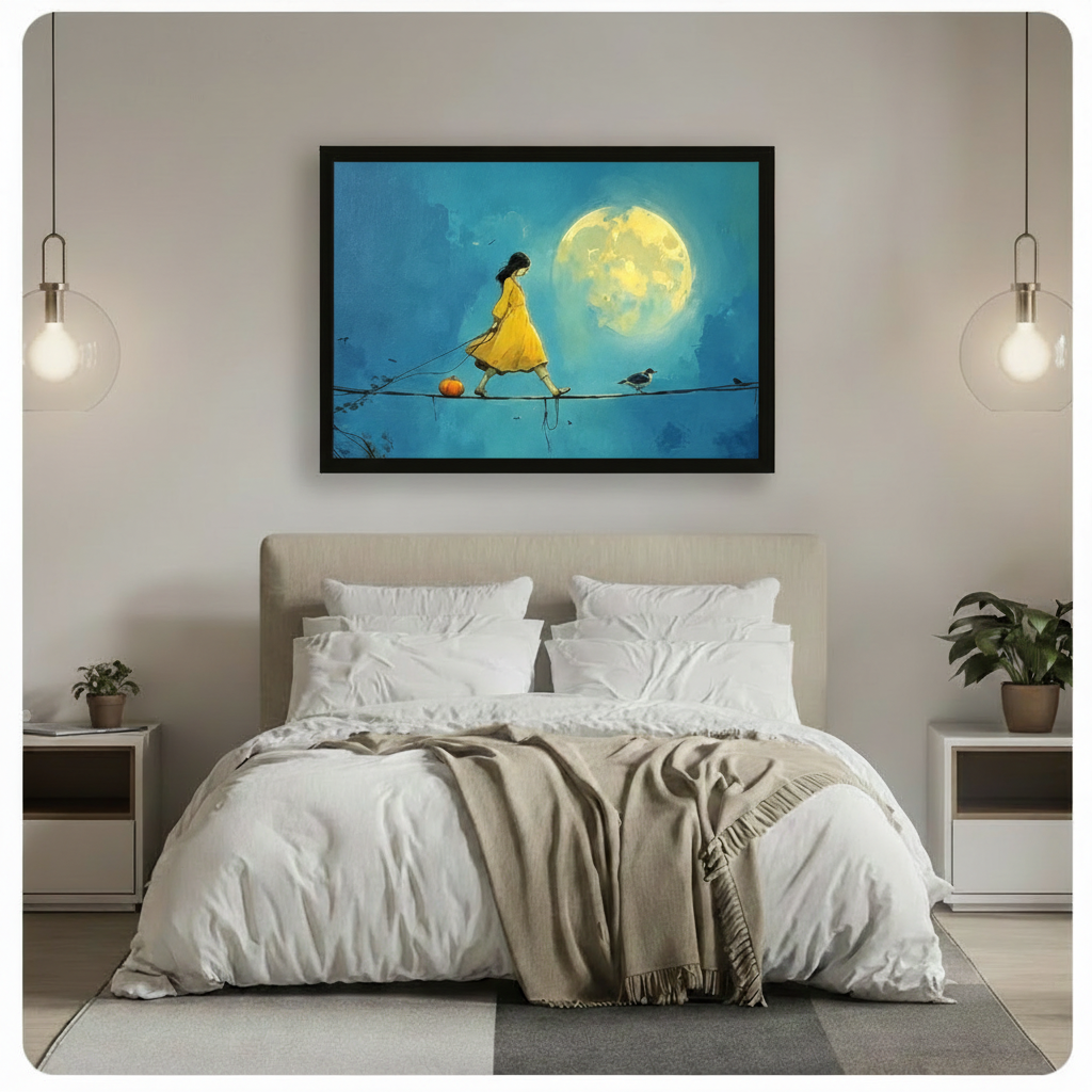 Black framed surreal moonlit tightrope girl in yellow dress canvas art with a pumpkin and bird companion on a deep teal oil-painted background, hung above a beige upholstered headboard in a soft neutral bedroom with crisp white linen bedding, two pendant globe lights, and small potted plants on white nightstands