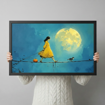 Person holding a large horizontal black framed surreal tightrope girl canvas art print showing a black-haired girl in a flowing yellow dress walking a wire with a pumpkin on a leash and a bird companion beneath a luminous full moon on a rich teal painterly background against a light gray studio backdrop