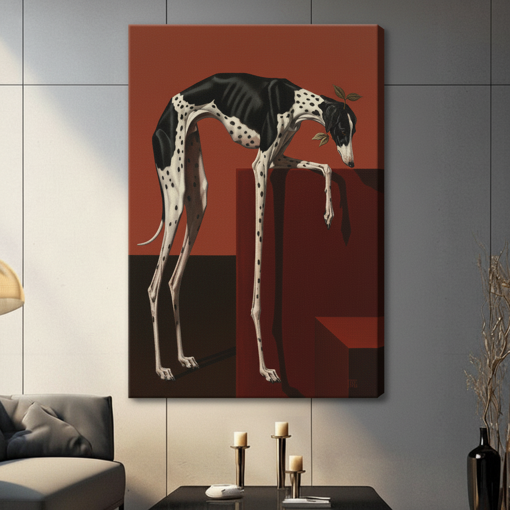 Unframed canvas print of a surreal long-legged greyhound on a bold red background hung in a contemporary grey living room