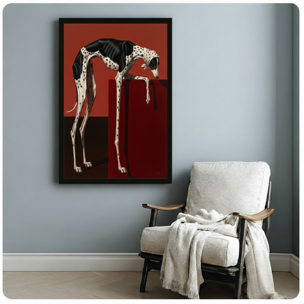 Black framed surreal greyhound dog art print on a light blue-grey wall beside a white linen armchair with a draped throw