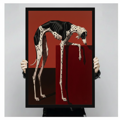 Person holding a large black framed surreal greyhound with polka dot markings art print showing print size and detail quality