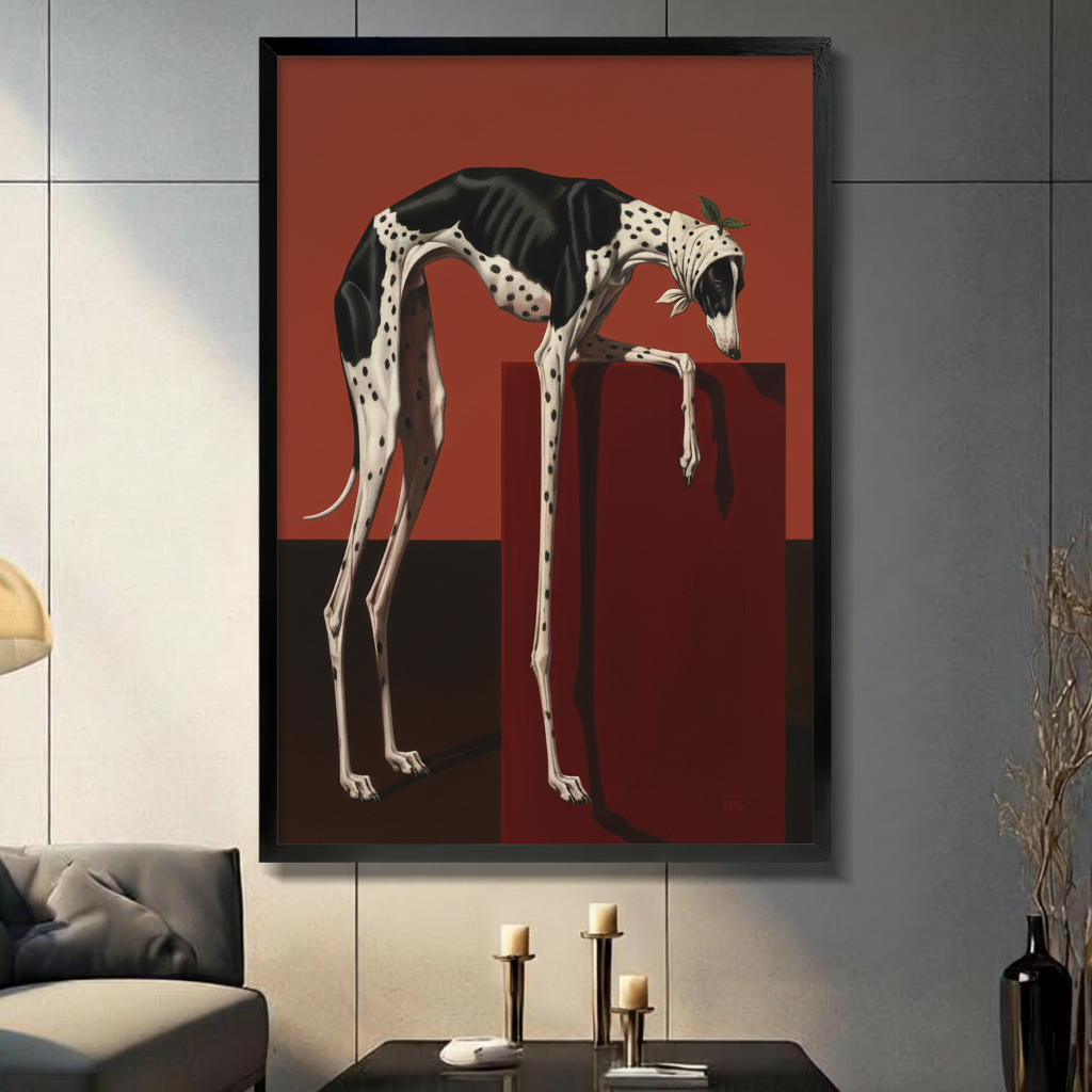 Framed surreal greyhound with polka dot markings leaning over a red block wall art displayed in a moody dark living room with candlesticks
