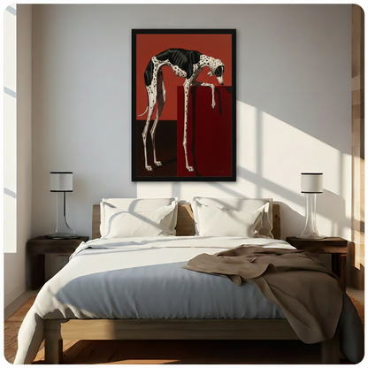 Framed surreal greyhound leaning over red geometric block wall art hung above a wooden bed in a bright sunlit minimalist bedroom