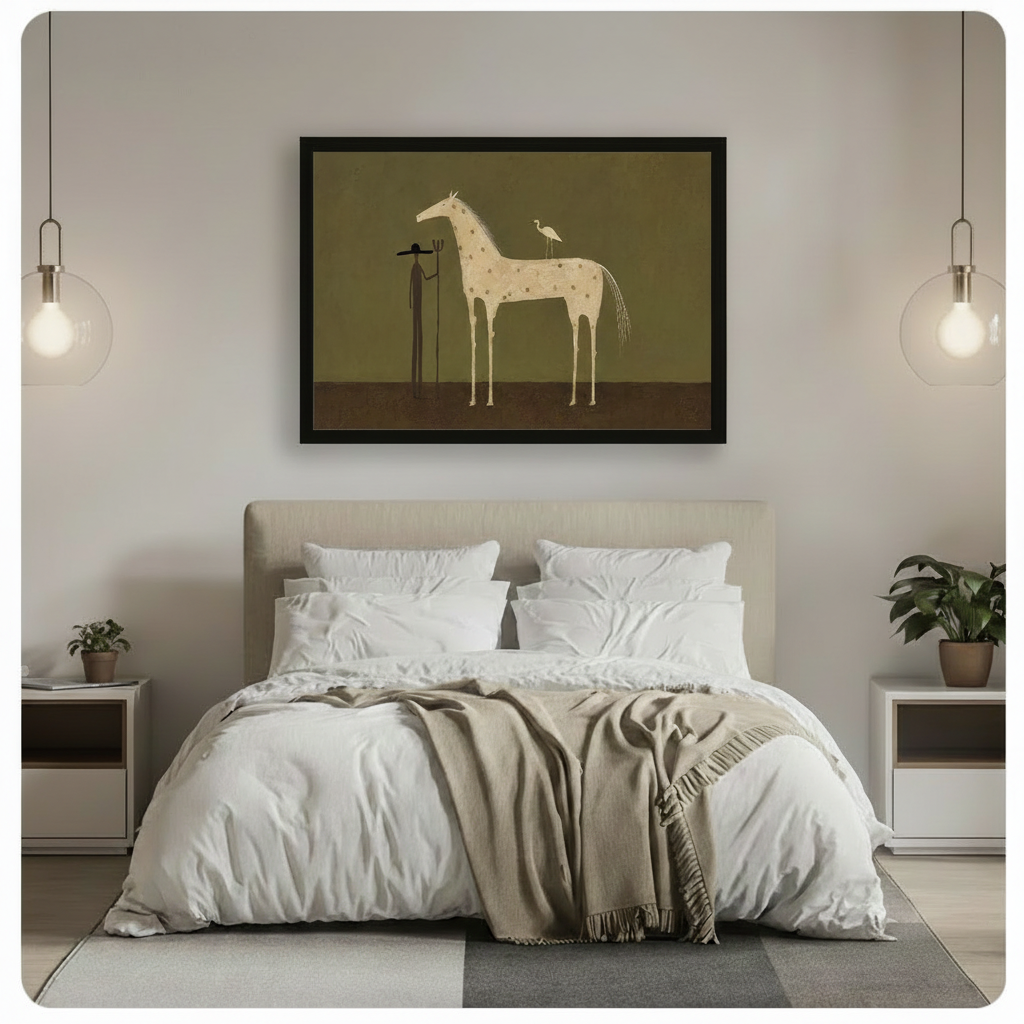 Surreal horse and heron minimalist framed canvas wall art mounted above beige upholstered headboard in minimalist bedroom with globe pendant lights