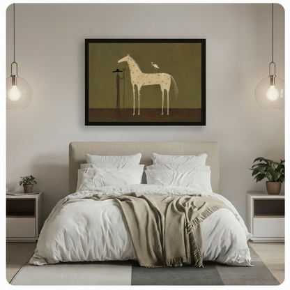 Surreal horse and heron minimalist framed canvas wall art mounted above beige upholstered headboard in minimalist bedroom with globe pendant lights