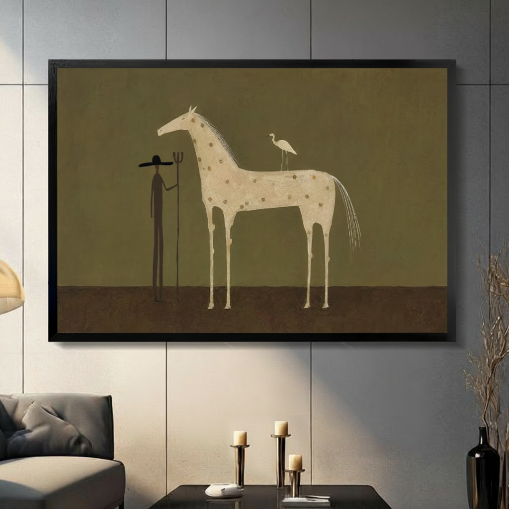 Surreal horse and heron minimalist framed canvas wall art close-up view on gray paneled wall in contemporary living room with black candle holders
