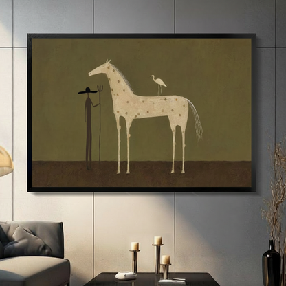 Surreal horse and heron minimalist framed canvas wall art close-up view on gray paneled wall in contemporary living room with black candle holders