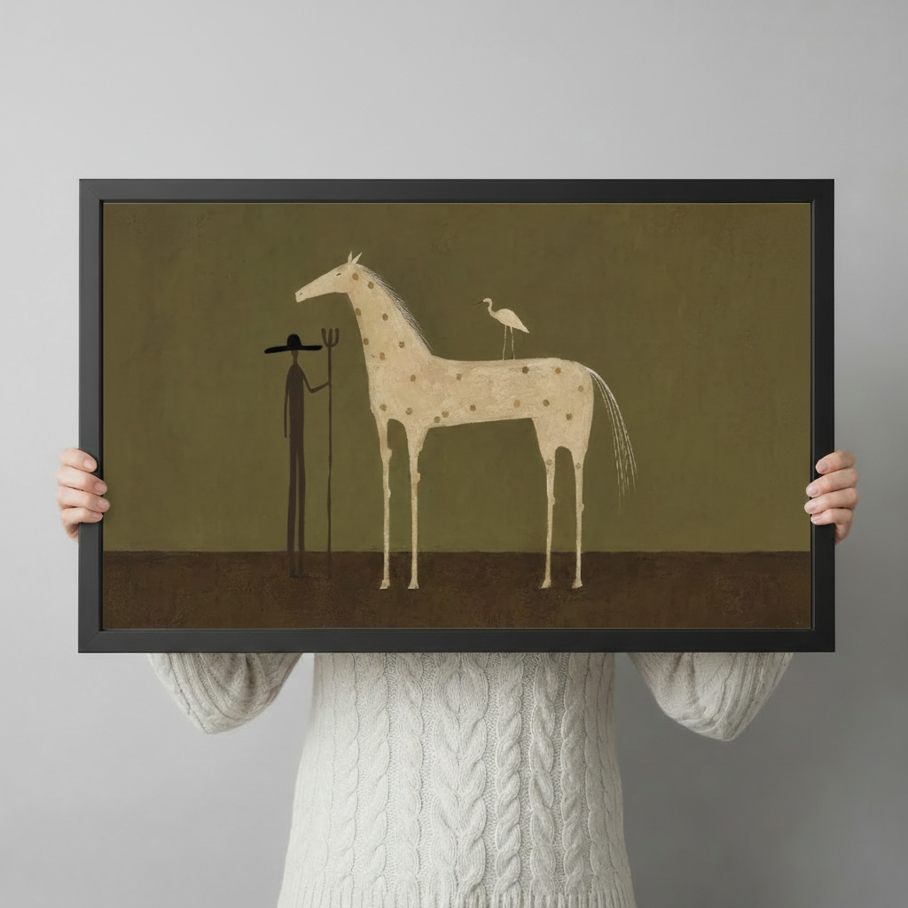 Person in white cable-knit sweater holding surreal horse and heron minimalist framed canvas wall art against light gray background