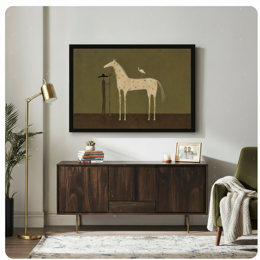 Surreal horse and heron minimalist framed canvas wall art hanging above dark walnut sideboard in modern living room with gold floor lamp and green velvet chair