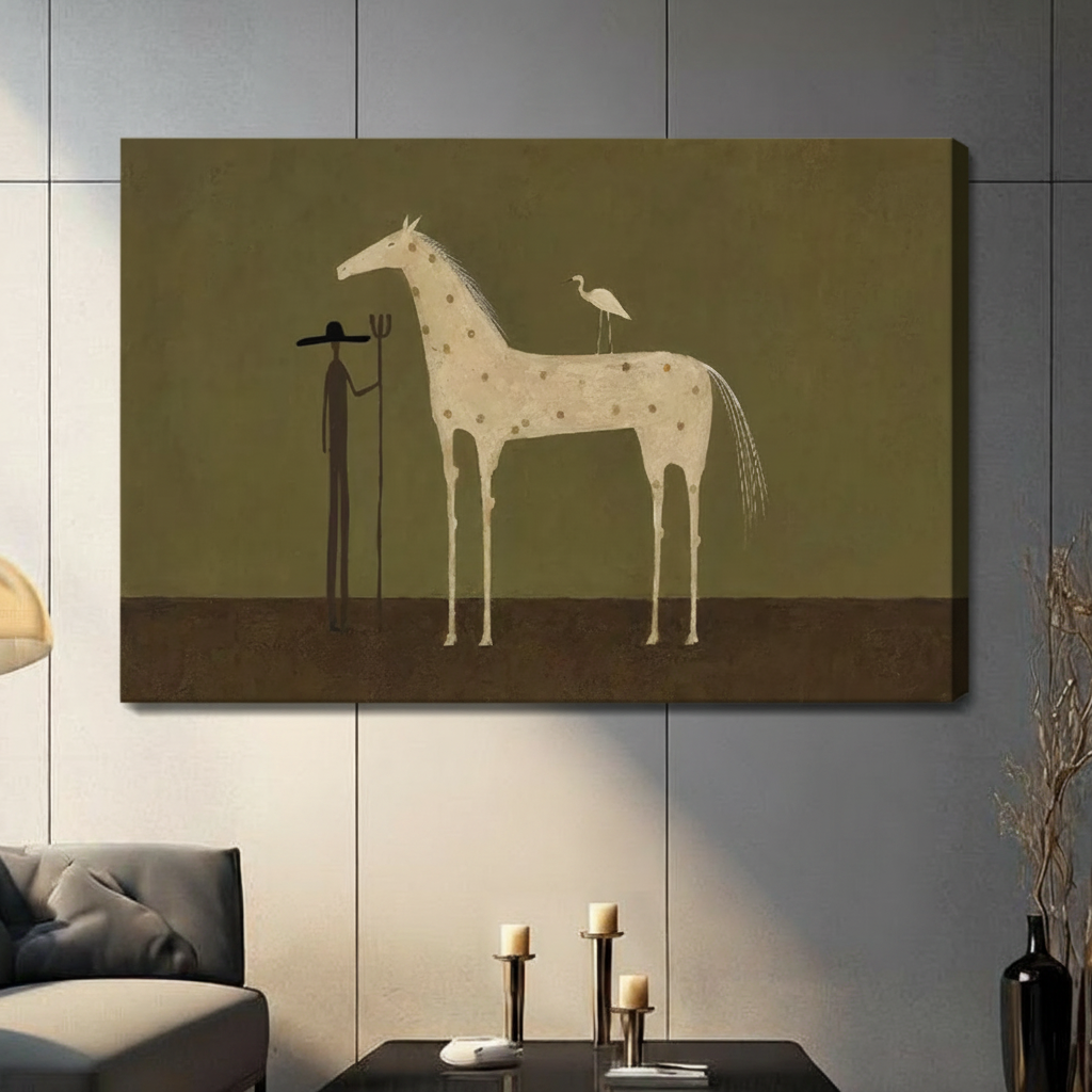 Surreal horse and heron minimalist stretched canvas wall art gallery wrapped displayed on gray paneled wall in contemporary living room with candles