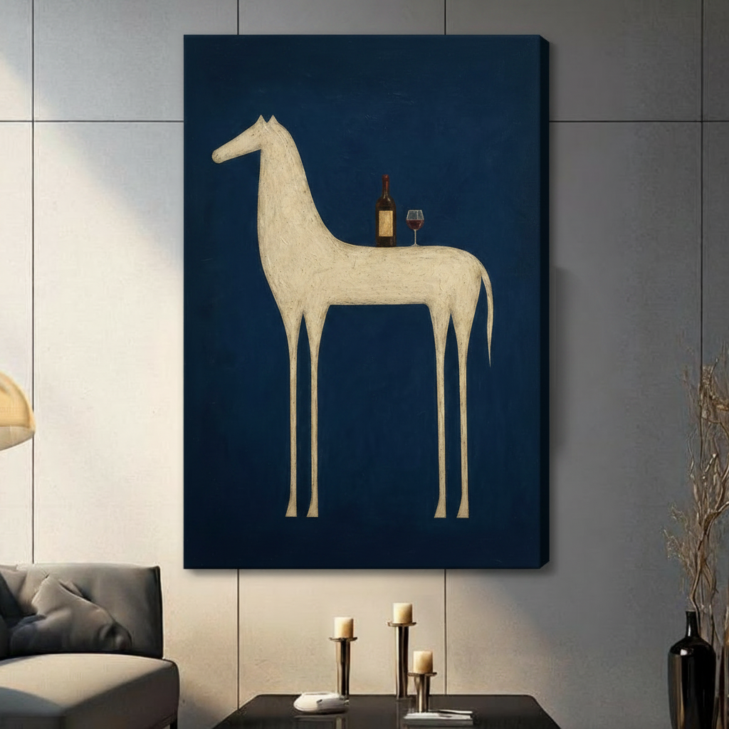 Elegant surrealist canvas painting of a stylized cream-colored horse with exaggerated elongated thin legs shown in side profile with a red wine bottle and a glass of red wine resting on its flat back against a rich deep navy blue solid background fine line texture abstract horse wall art stretched canvas print hanging in a contemporary living room with dark gray tiled wall
