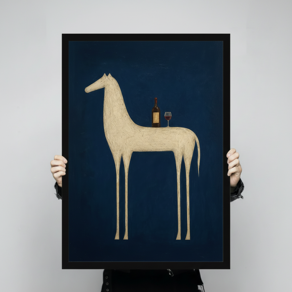 Striking surrealist minimalist painting of a cream white abstract horse with exaggerated long thin legs in profile view with a wine bottle and wine glass placed on its back set against a flat deep navy blue background subtle fine hatching texture throughout the horse body modern eclectic horse art framed wall art print held up for size reference against a light gray neutral background