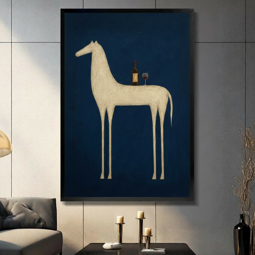Surrealist minimalist oil painting of an elongated cream white horse with impossibly long slender legs standing in profile with a dark red wine bottle and a filled wine glass balanced on its back against a deep navy blue background contemporary elegant horse art with subtle fine line texture framed wall art print displayed in a living room with dark gray sofa, pillar candle holders, and black decorative vase