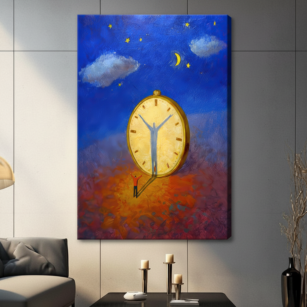 Unframed stretched canvas print of a surrealist scene with a small figure raising arms before a glowing golden clock face with crescent moon and stars on a vivid blue and orange oil painting background