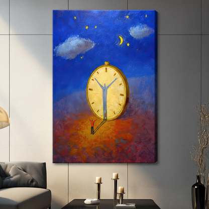 Unframed stretched canvas print of a surrealist scene with a small figure raising arms before a glowing golden clock face with crescent moon and stars on a vivid blue and orange oil painting background