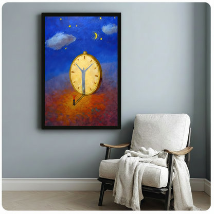 Black framed surrealist giant clock and tiny man canvas art print with impasto oil painting texture in cobalt blue and burnt orange tones on a light blue-grey wall beside a white linen armchair with draped throw
