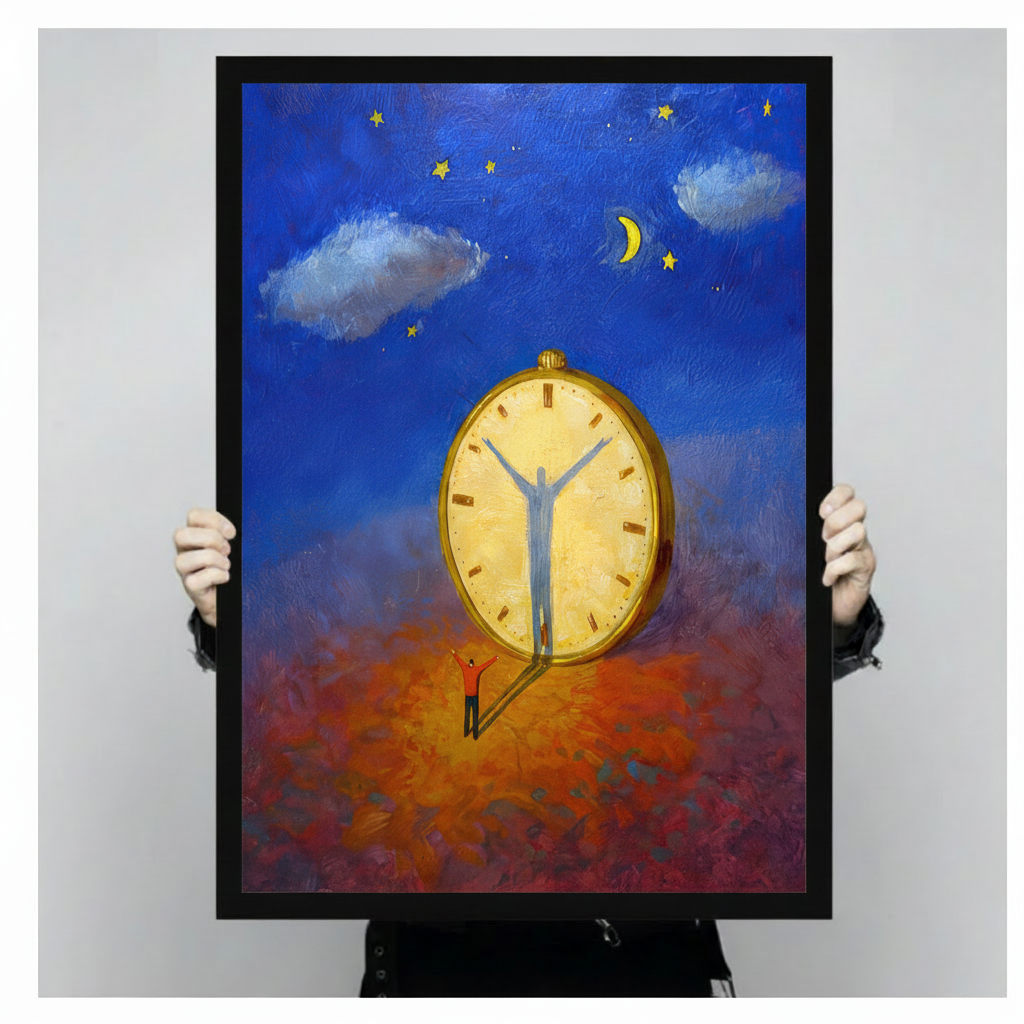 Person holding a large black framed surrealist man and giant golden pocket watch canvas art print showing print size scale and vivid oil painting detail with starry night sky and crescent moon