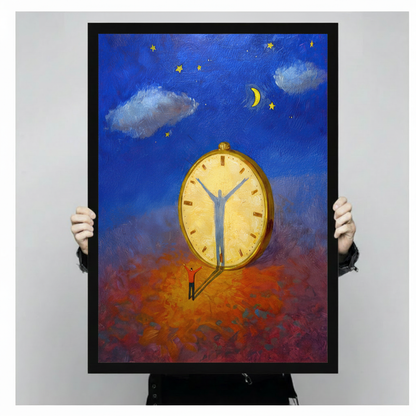 Person holding a large black framed surrealist man and giant golden pocket watch canvas art print showing print size scale and vivid oil painting detail with starry night sky and crescent moon