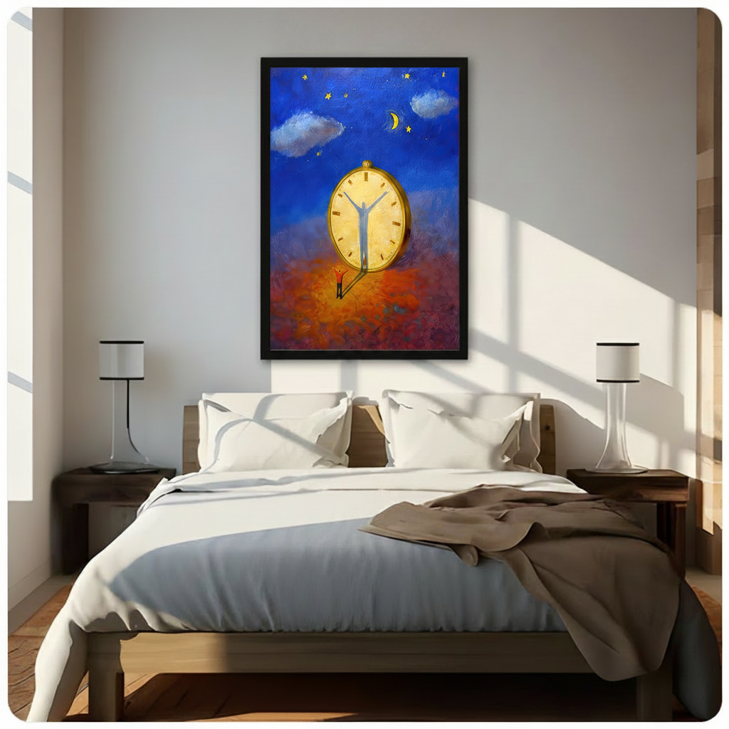 Framed surrealist oil painting of a tiny figure before a giant golden clock with shadow clock hands under a deep blue starry sky hung above a wooden bed with white bedding in a sunlit minimalist bedroom