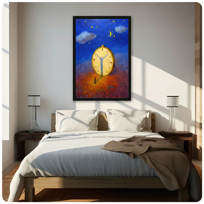 Framed surrealist oil painting of a tiny figure before a giant golden clock with shadow clock hands under a deep blue starry sky hung above a wooden bed with white bedding in a sunlit minimalist bedroom