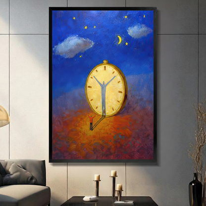 Framed surrealist oil painting canvas wall art of a tiny man standing before a giant golden pocket watch with his shadow becoming the clock hands under a deep blue starry night sky displayed in a modern living room