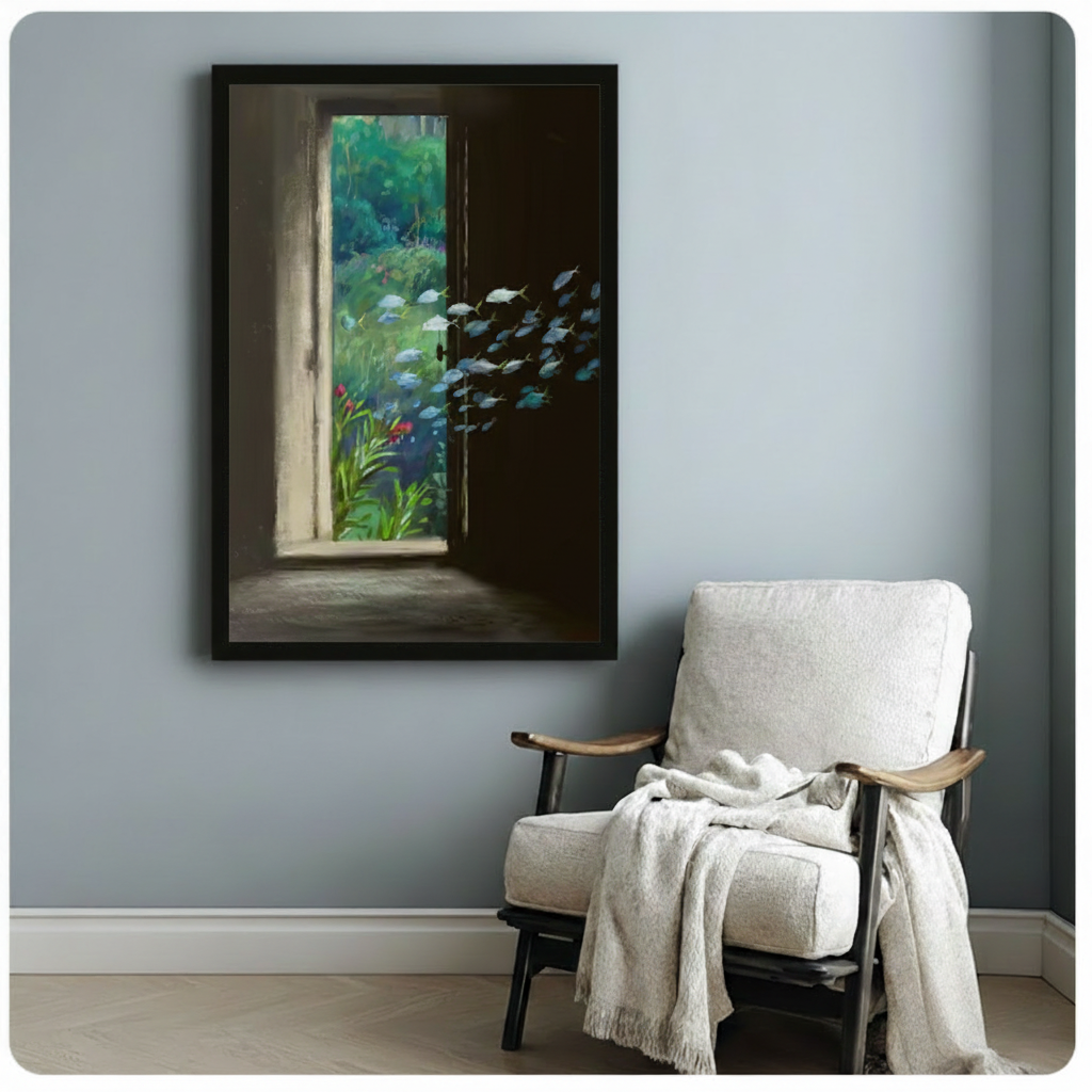 Black framed surrealist art print of mysterious open door with lush garden beyond and silver fish school, styled on blue-gray wall beside white linen armchair
