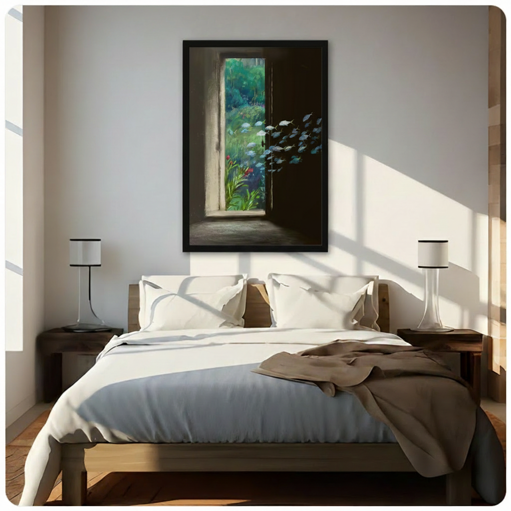 Framed surrealist painting of dark open door with glowing green garden and floating fish school hung above wooden bed in bright sunlit minimalist bedroom