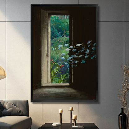 Framed surrealist wall art print of dark open door revealing lush green garden with school of silver fish swimming through, displayed in modern living room