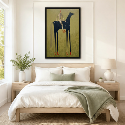 Black framed surrealist folk art print of a striped figure riding a long-legged black horse on an olive green meadow above a light oak bed with white linen bedding, a sage green fringed throw blanket, wooden nightstands, and a white ceramic table lamp in a bright Scandinavian bedroom