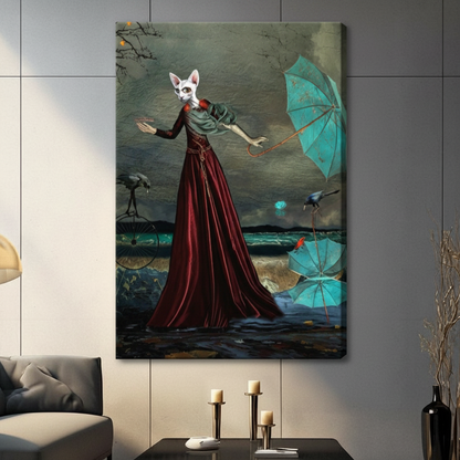 Dark surrealism anthropomorphic sphynx cat in crimson velvet dress commanding teal parasol amid stormy ocean landscape with crows and glowing orb canvas wall art print hanging in a contemporary living room with dark gray tiled wall