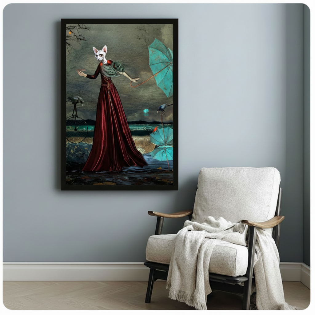 Gothic surrealist white sphynx cat figure in long red gown with turquoise umbrella and ravens on dramatic stormy coastline oil painting framed art poster displayed beside a wooden armchair with white draped throw blanket against a soft blue-gray wall