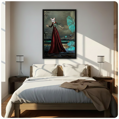 Dark surrealism sphynx cat in crimson gown with teal umbrella stormy ocean oil painting framed wall art print hanging above a modern bedroom bed with white linen bedding, dark wood nightstands, and minimalist white table lamps