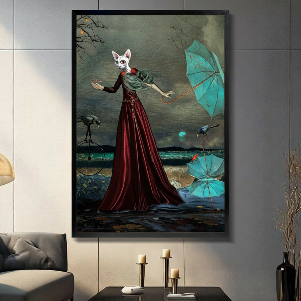 Surrealist sphynx cat woman in deep red velvet gown holding teal umbrella on stormy seashore with ravens and scattered umbrellas oil painting framed wall art print displayed in a moody living room with gray sofa, pillar candle holders, and black decorative vase