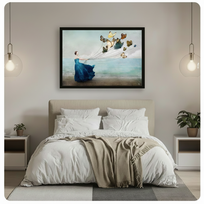 Framed surrealist oil painting elegant woman in flowing blue gown holding strings of butterflies on ocean beach canvas print above white bed in minimalist bedroom with pendant lights - dreamy woman with colorful butterfly flock and soft teal sea wall art for contemporary bedroom decor