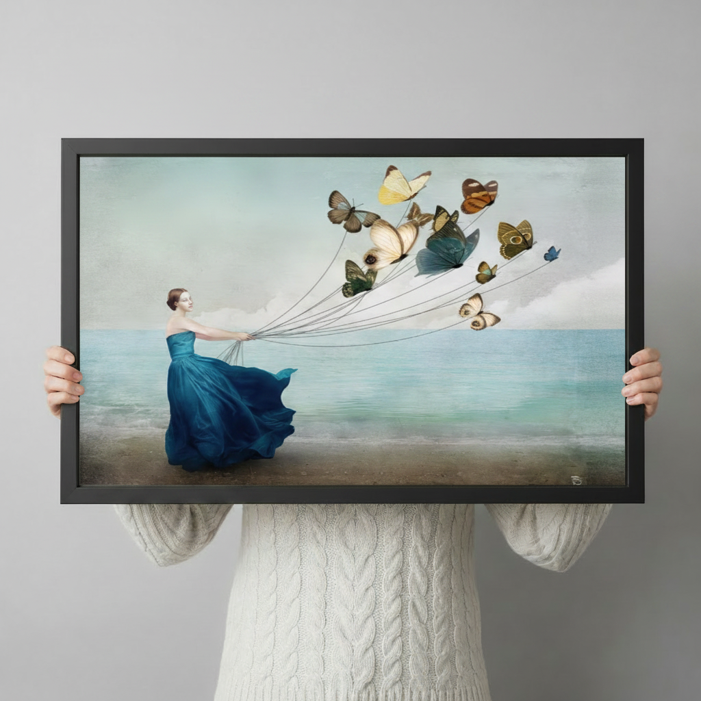 Person holding large framed surrealist oil painting elegant woman in flowing blue dress holding strings of butterflies on ocean beach canvas print with both hands - close up view of dreamy woman with colorful butterfly flock and soft teal sea wall art with black frame finish