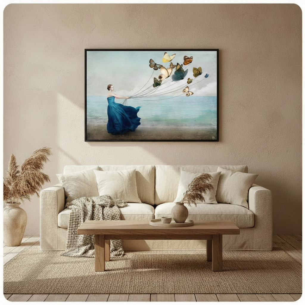 Framed surrealist oil painting elegant woman in flowing blue dress holding strings of colorful butterflies on ocean beach canvas print above cream sofa on warm beige wall - ethereal woman with butterfly flock and soft teal sea wall art for stylish Scandinavian living room decor