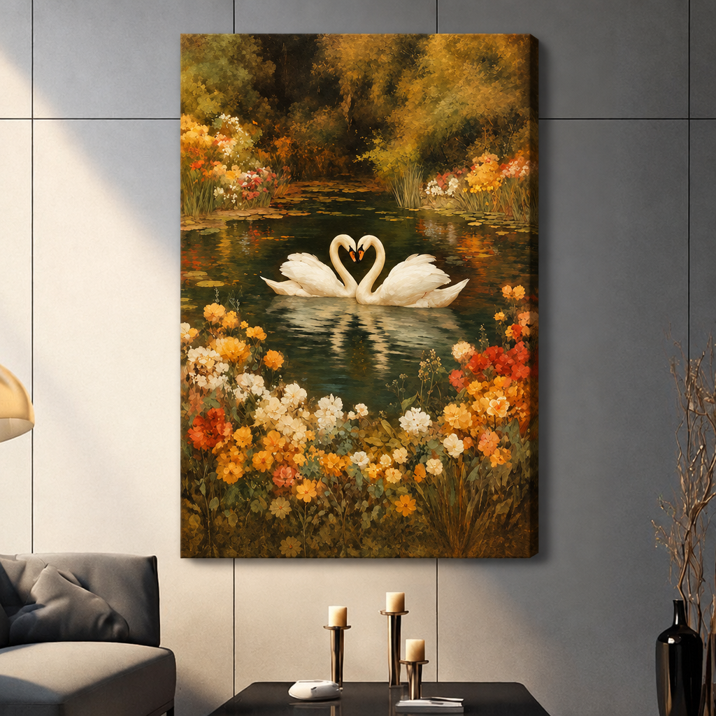Oil painting of two white swans forming a heart on a floral autumn pond wall art stretched canvas dark panel wall living room