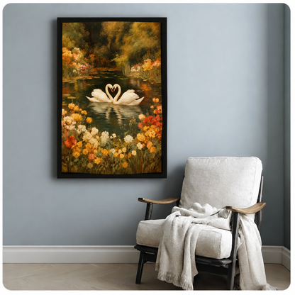 Oil painting of two white swans forming a heart on a floral autumn pond wall art framed print beside armchair blue-gray wall