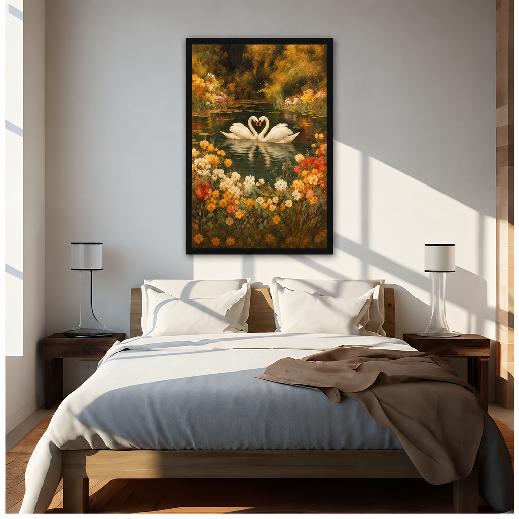 Oil painting of two white swans forming a heart on a floral autumn pond wall art framed print above bed sunlit bedroom