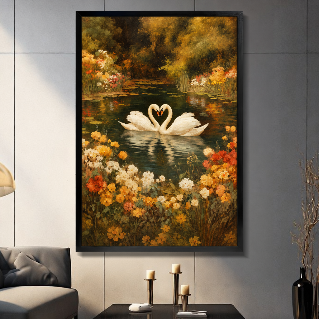Oil painting of two white swans forming a heart on a floral autumn pond wall art framed print dark panel wall living room