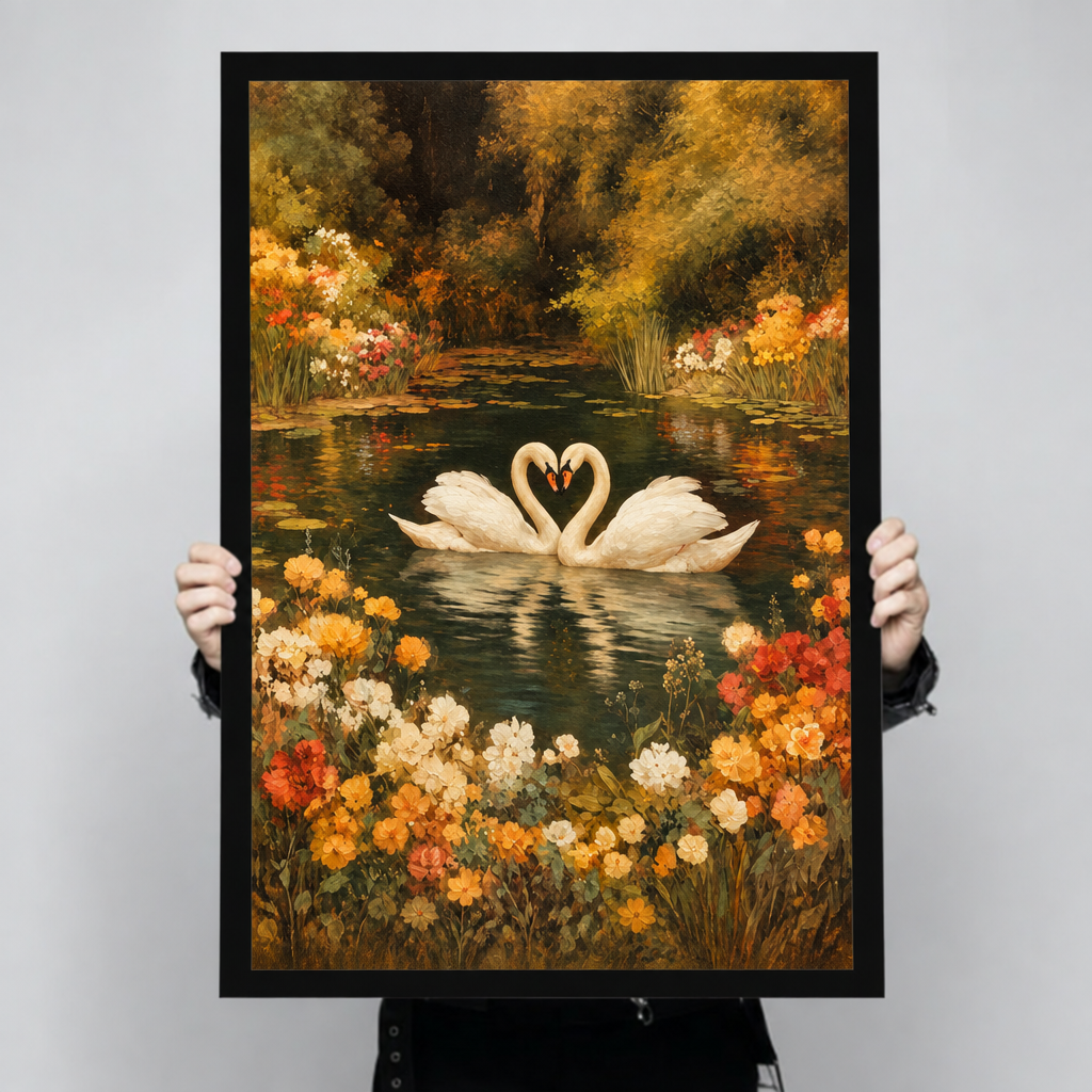 Oil painting of two white swans forming a heart on a floral autumn pond wall art framed print held up