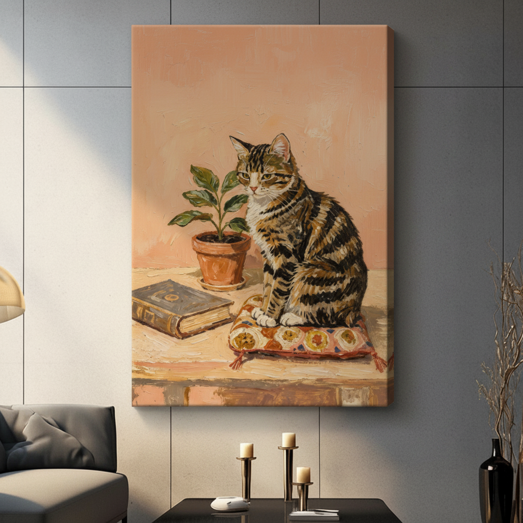 Impasto oil painting of a brown striped tabby cat perched on a colorful tasseled cushion next to a green potted plant and vintage book on a warm wooden surface with a soft peach wall background cottagecore cat wall art stretched canvas in a living room with dark gray sofa and black decorative vase