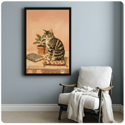 Vintage-style oil painting of a striped tabby cat sitting on a decorative cushion beside a terracotta potted plant and old book on a wooden shelf against a peach pink textured background cozy cat art framed print beside a white lounge chair with throw blanket against a blue-gray wall