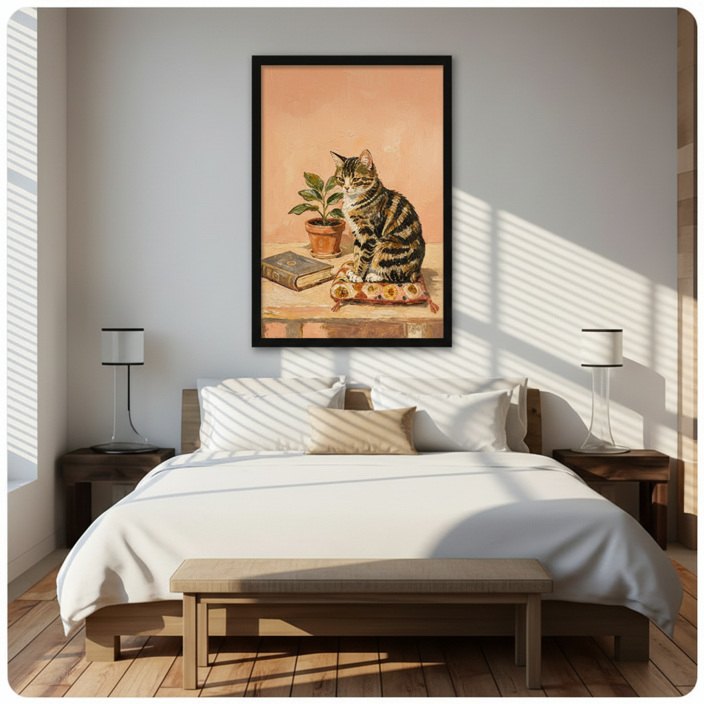 Cozy impasto oil painting of a tabby cat sitting on a colorful cushion beside a potted plant and old book on a wooden shelf against a warm peach pink wall vintage cat wall art framed print above a modern bedroom with white linen bedding dark wood nightstands and white table lamps